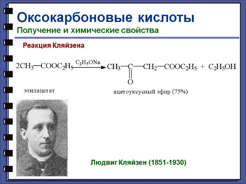 Оксокарбоновые кислоты Получение и химические свойства Реакция Кляйзена  Людвиг Кляйзен (1851-1930)